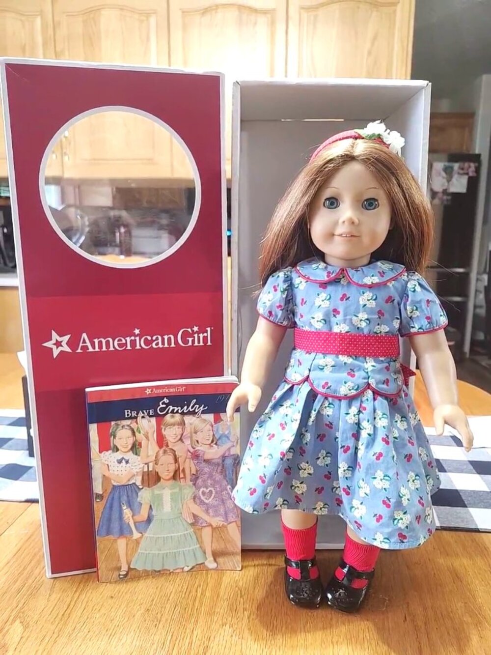 American Girl 18" Doll Emily with box, book, dress, headband, shoes, socks